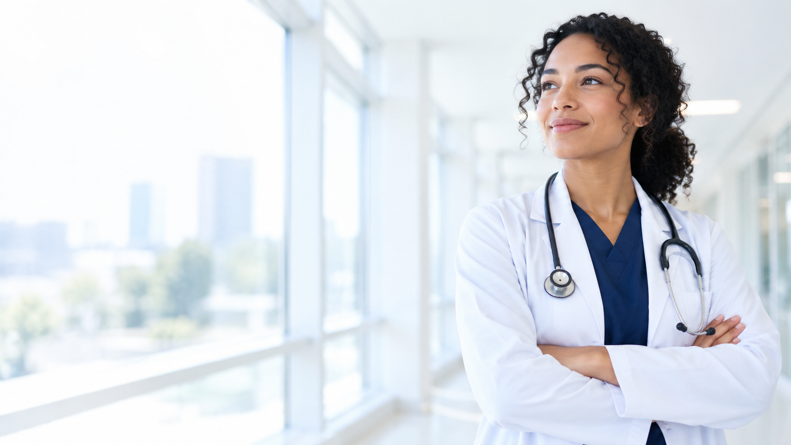 OB-GYN physician standing in a bright hospital corridor